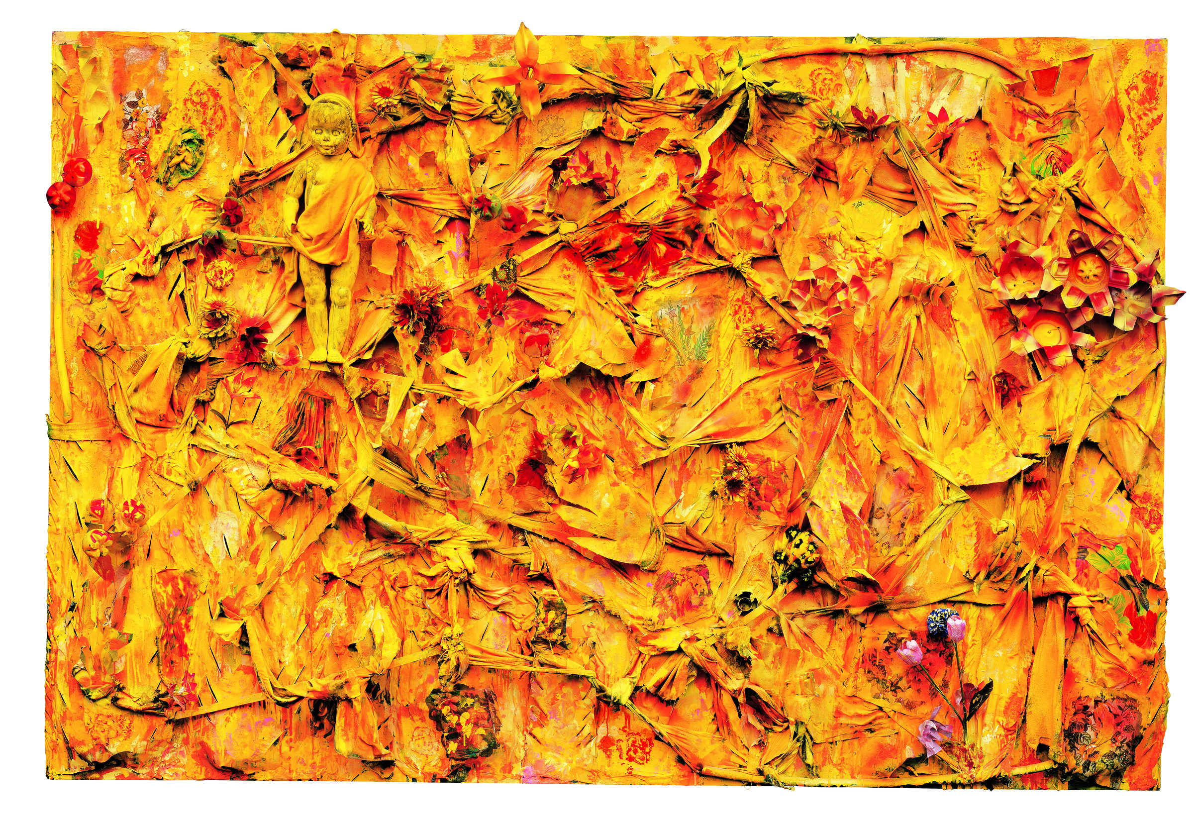 Everything in this wide panel has been painted the same saturated yellow and orange -- a jungle of stiffened cloth, sprayed bedding and artificial flowers. A child's doll stands upright near the top left, arms out, painted yellow like the rest, and a cluster of small toys in pink and red is fixed to the right edge, one of the few things left its own colour.