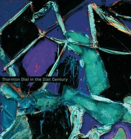 Cover of the book Thornton Dial in the 21st Century, 2005, showing a detail of a work in deep teal and green, with a pale creature-like form at its centre against a near-black ground.