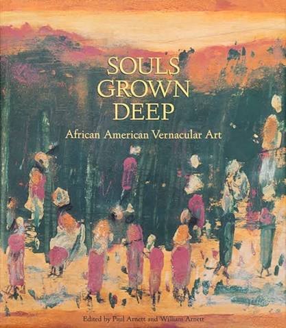 Front cover of Souls Grown Deep, Volume One. A painting of pale figures in pink and white walking in a group across a dark green and orange ground, with the title in cream capitals above them.