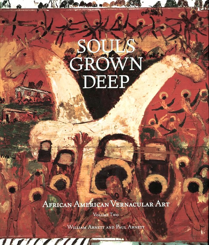 Front cover of Souls Grown Deep, Volume Two. A painting of a large white horse on a red ground, surrounded by small dark figures and haloed faces, with the title in white capitals across the upper half.