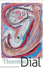Cover of the book Thornton Dial: Thoughts on Paper, 2012. A drawing in red, blue and brown of a curled, coiling figure sits on a white ground, with the artist's name printed in blue at the lower left.