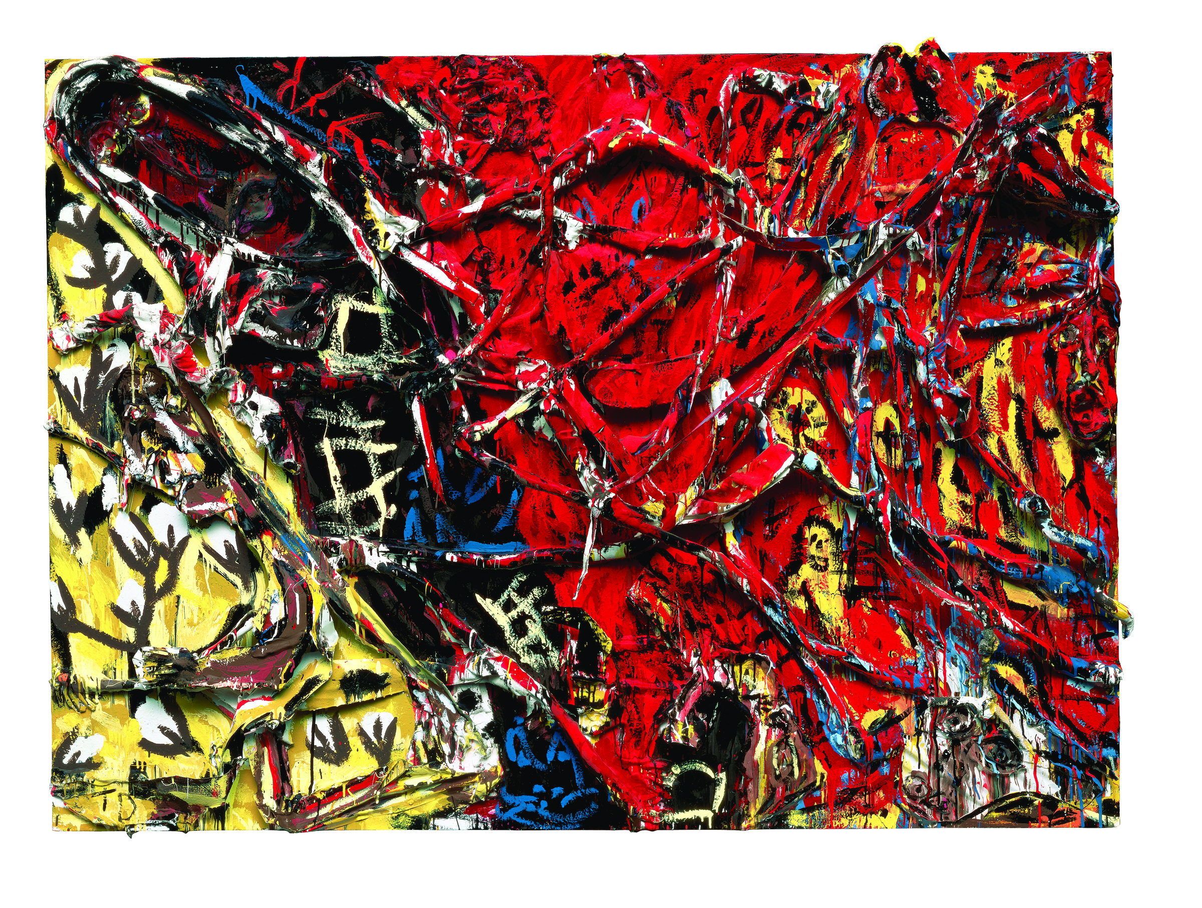 A large panel split between two worlds. On the left, a yellow field patterned with black-and-white bird or leaf shapes; on the right, a hot red ground crowded with black outlines of figures and animals. Long strips of bent tin and wood cut diagonally across the join, and paint runs down the surface in streaks.