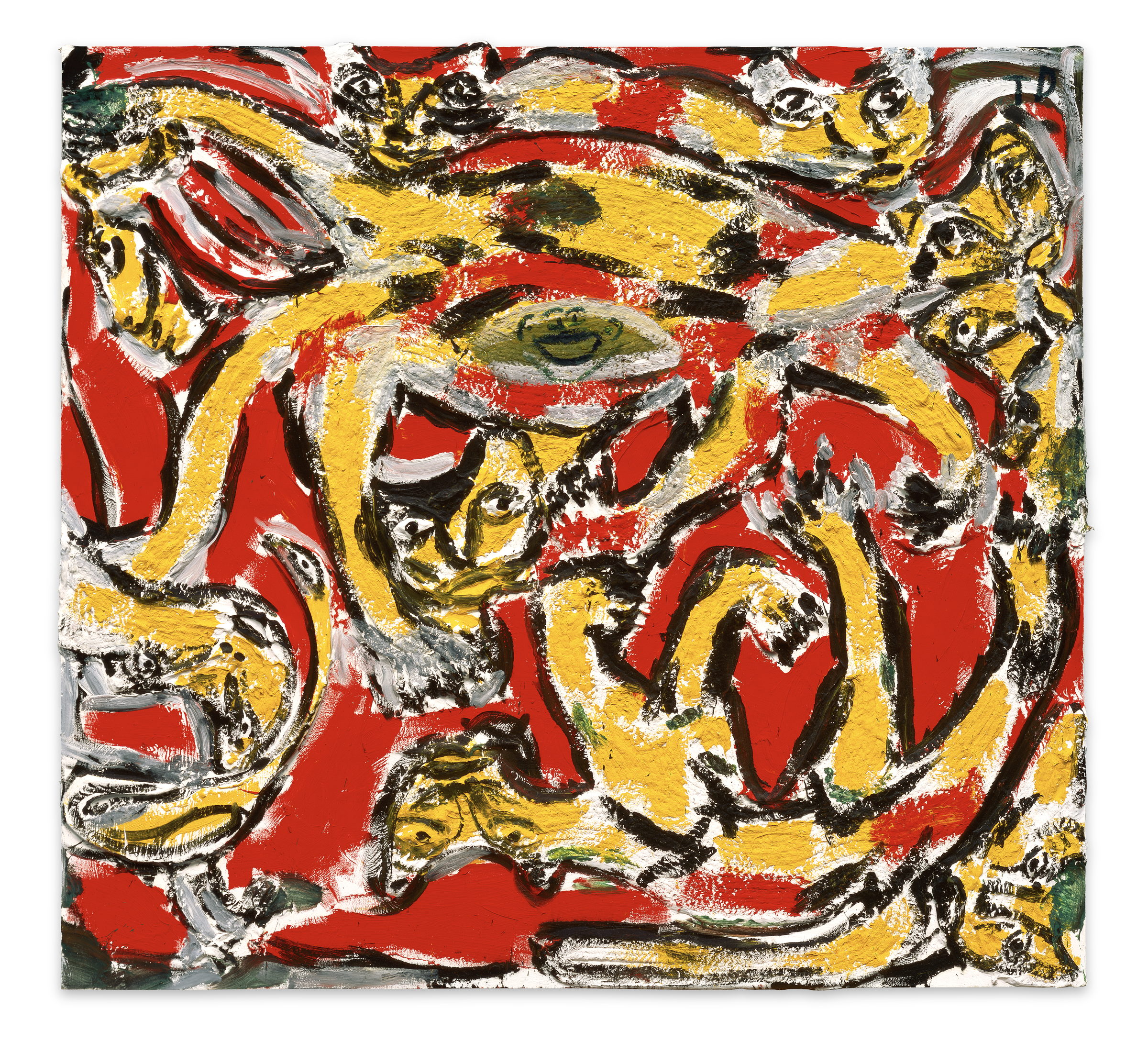 A dense red field crossed by thick yellow and white bands that curve like cables or searchlights. Worked into them are dozens of small staring eyes and cartoon-like faces in black outline, so that the whole surface seems to be watching. Rope carpet and wood stand up in ridges under the paint.