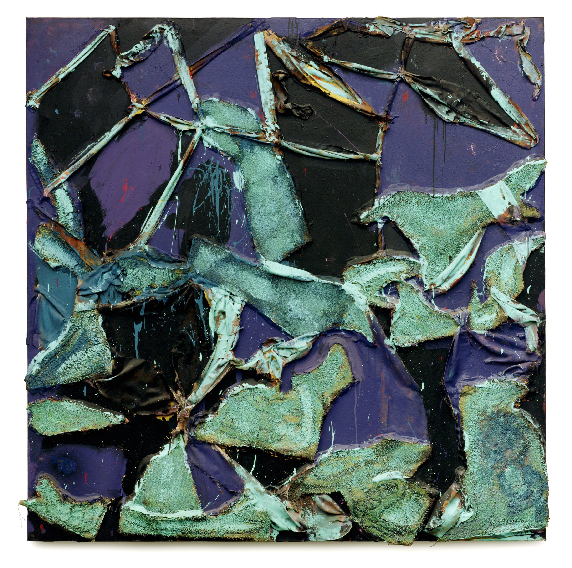 A square panel of deep violet and black, over which broad pale green shapes made of thick paint and cloth are laid like shards of glass or pieces of ice. Their edges catch the light; between them the dark ground shows through in sharp angular gaps, so the surface reads as something breaking open and light coming through the cracks.