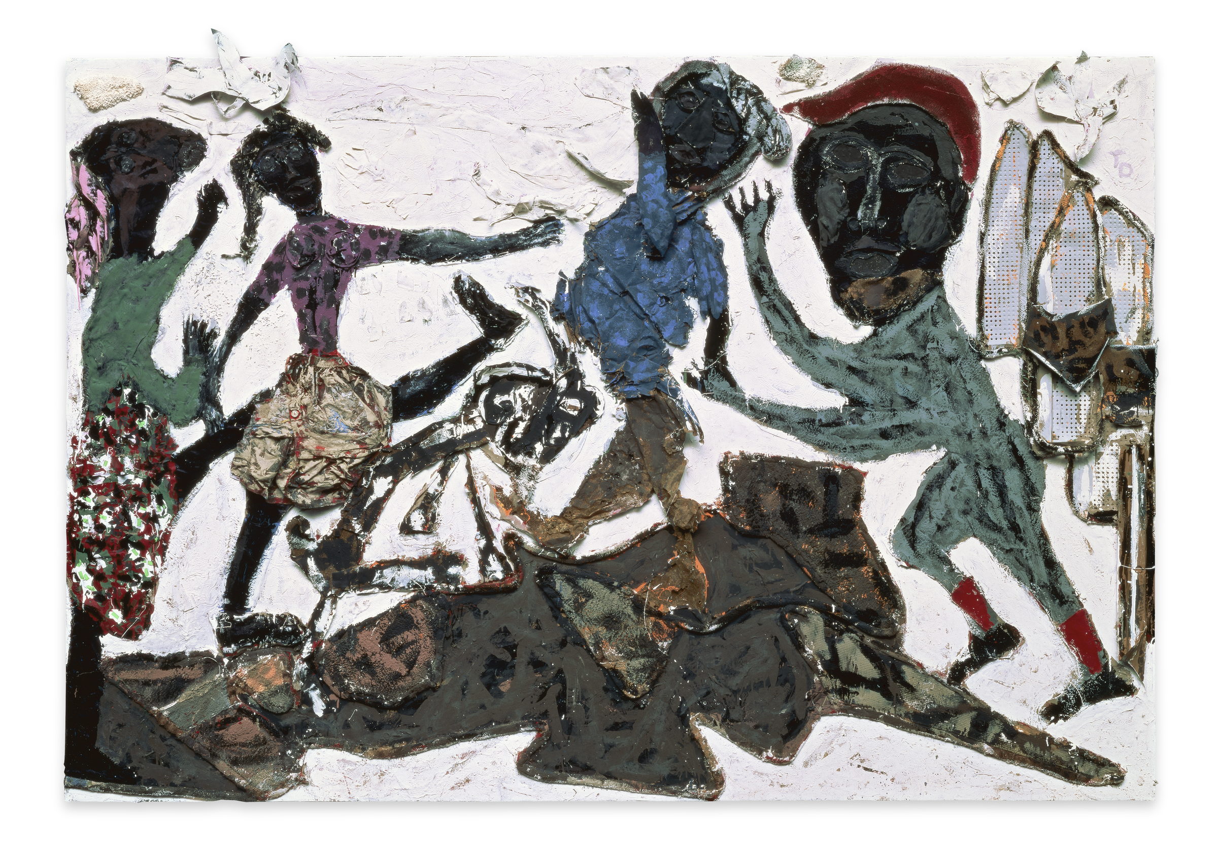 On a white ground, five dark figures made of cut and painted cloth stride from left to right. One reaches an arm out across the picture, one raises a hand, one at the right carries a pack of metal grating on his back. Beneath them runs a low band of brown and grey scraps, like ground or road worn flat.
