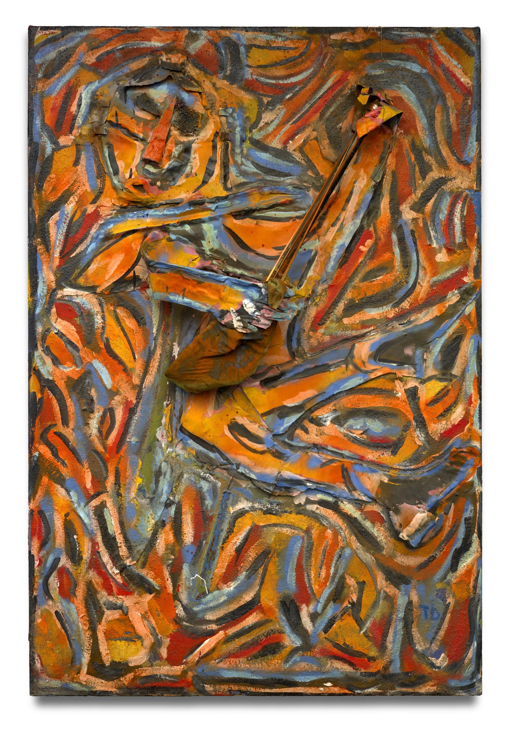 An upright panel covered in looping brushstrokes of orange, blue-grey and black that move across it like current. Two figures are built up out of bent and painted metal within the pattern: one at the top left with a masklike face, one below reaching across, holding what reads as a long-handled broom made of folded tin.