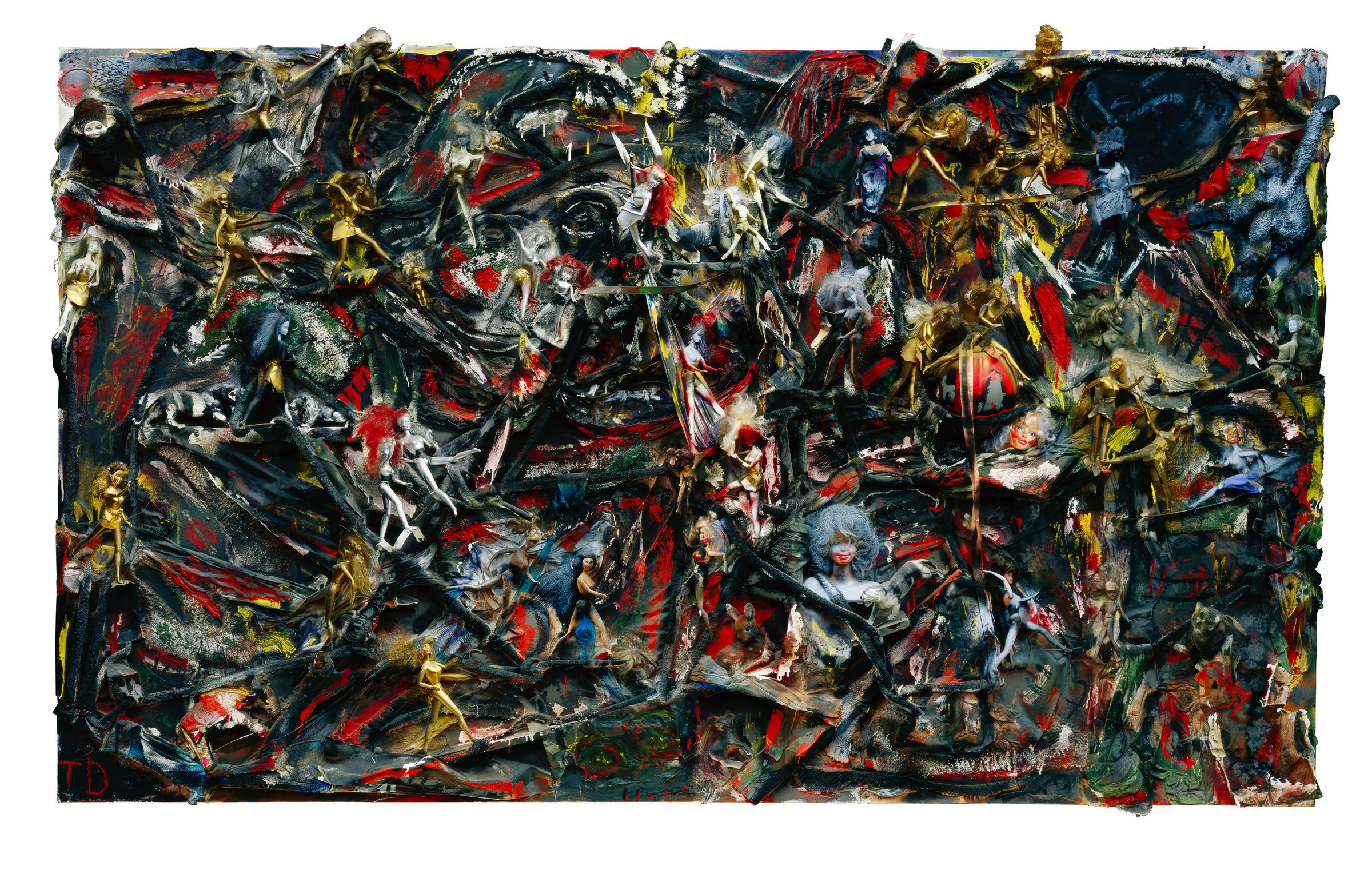 A wide, almost black panel with dozens of small plastic dolls fixed all over it -- gold, white, blue and flesh-toned -- pinned at every angle, some caught mid-fall, some bound in place. Around them are stuffed animals, twisted black cloth and slashes of red and yellow paint, so the figures look scattered through wreckage.